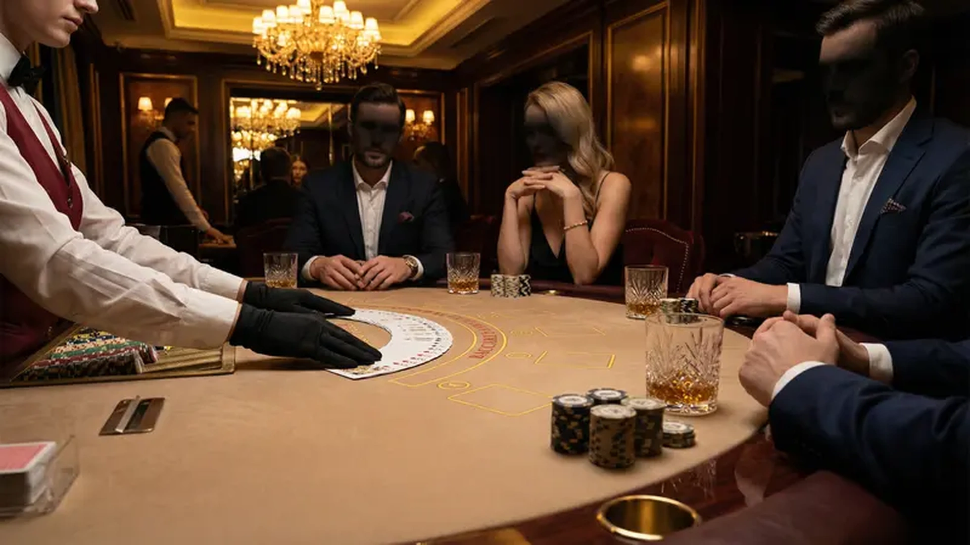 Mesa de bacará con cartas y fichas de casino